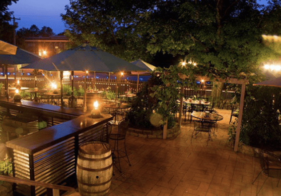 A patio with tables and chairs at night.